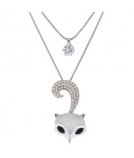 Rhinestone Embellished Fox Head Pendant Cubic Zirconia Dual-layer Fashion Necklace