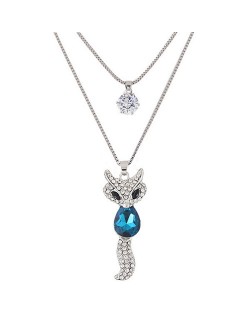 Elegant Fox Pendant Dual-layer Long Chain Style High Fashion Costume Necklace - Blue