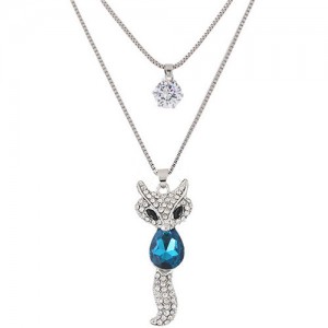 Elegant Fox Pendant Dual-layer Long Chain Style High Fashion Costume Necklace - Blue