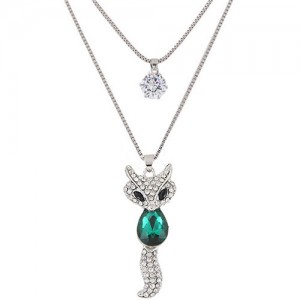 Elegant Fox Pendant Dual-layer Long Chain Style High Fashion Costume Necklace - Green