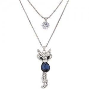 Elegant Fox Pendant Dual-layer Long Chain Style High Fashion Costume Necklace - Ink Blue
