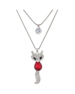 Elegant Fox Pendant Dual-layer Long Chain Style High Fashion Costume Necklace - Red