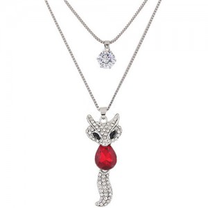 Elegant Fox Pendant Dual-layer Long Chain Style High Fashion Costume Necklace - Red