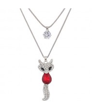 Elegant Fox Pendant Dual-layer Long Chain Style High Fashion Costume Necklace - Red