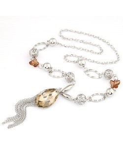 Graceful Butterfly Chain Artificial Crystal Pendant with Tassel Design Fashion Statement Necklace - Silver