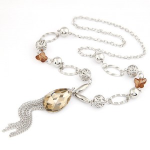 Graceful Butterfly Chain Artificial Crystal Pendant with Tassel Design Fashion Statement Necklace - Silver
