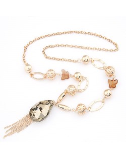 Graceful Butterfly Chain Artificial Crystal Pendant with Tassel Design Fashion Statement Necklace - Golden