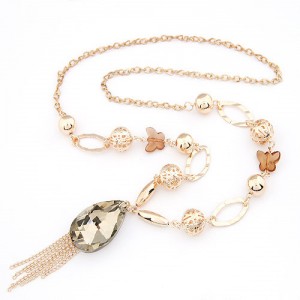Graceful Butterfly Chain Artificial Crystal Pendant with Tassel Design Fashion Statement Necklace - Golden