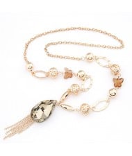 Graceful Butterfly Chain Artificial Crystal Pendant with Tassel Design Fashion Statement Necklace - Golden