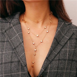 Popular Stars Triple Layers Official Lady Fashion Costume Necklace - Golden