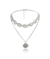Bohemian Fashion Dual-layer Design Alloy Seashell Women Choker Necklace - Silver