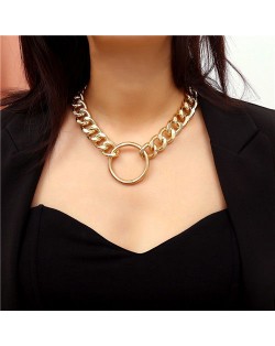 Hoop Pendant Chunky Chain Design Punk Fashion Costume Necklace - Golden