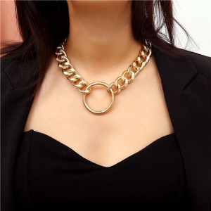 Hoop Pendant Chunky Chain Design Punk Fashion Costume Necklace - Golden
