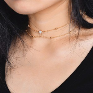 Shining Rhinestone Embellished Two Layers Alloy Necklace - Golden