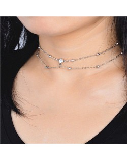 Shining Rhinestone Embellished Two Layers Alloy Necklace - Silver