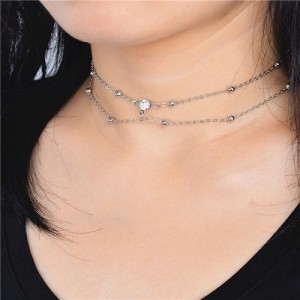 Shining Rhinestone Embellished Two Layers Alloy Necklace - Silver