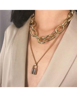 Lock Pendant Dual Layers Chunky Chain Bold Fashion Costume Necklace - Golden