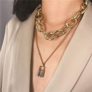 Lock Pendant Dual Layers Chunky Chain Bold Fashion Costume Necklace - Golden