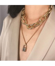 Lock Pendant Dual Layers Chunky Chain Bold Fashion Costume Necklace - Golden