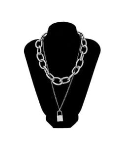 Lock Pendant Dual Layers Chunky Chain Bold Fashion Costume Necklace - Silver