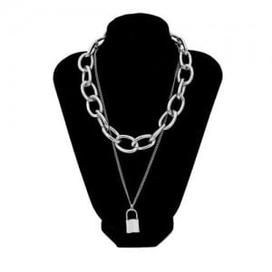 Lock Pendant Dual Layers Chunky Chain Bold Fashion Costume Necklace - Silver