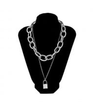 Lock Pendant Dual Layers Chunky Chain Bold Fashion Costume Necklace - Silver