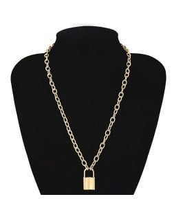 One-layer Long Chain Lock Pendant High Fashion Costume Necklace - Golden