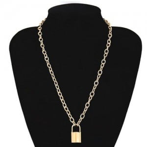 One-layer Long Chain Lock Pendant High Fashion Costume Necklace - Golden