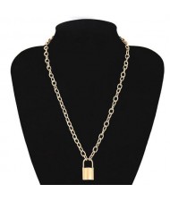 One-layer Long Chain Lock Pendant High Fashion Costume Necklace - Golden