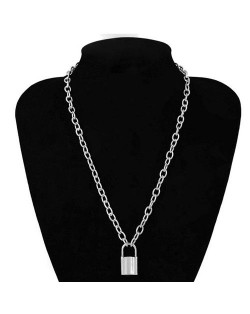One-layer Long Chain Lock Pendant High Fashion Costume Necklace - Silver