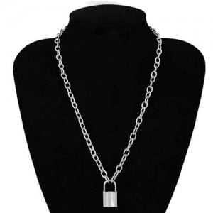 One-layer Long Chain Lock Pendant High Fashion Costume Necklace - Silver