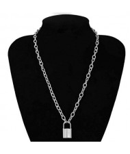 One-layer Long Chain Lock Pendant High Fashion Costume Necklace - Silver