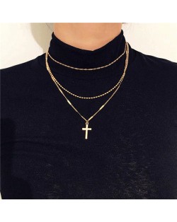 Triple Layers Vintage Cross Pendant High Fashion Necklace - Golden