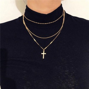 Triple Layers Vintage Cross Pendant High Fashion Necklace - Golden
