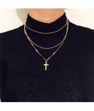 Triple Layers Vintage Cross Pendant High Fashion Necklace - Golden