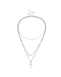 Triple Layers Vintage Cross Pendant High Fashion Necklace - Silver