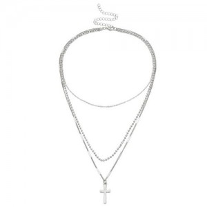 Triple Layers Vintage Cross Pendant High Fashion Necklace - Silver