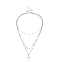 Triple Layers Vintage Cross Pendant High Fashion Necklace - Silver