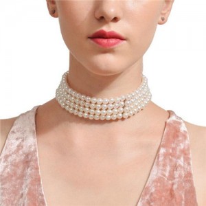 Four Layers Artificial Pearl Fashion Women Costume Statement Necklace