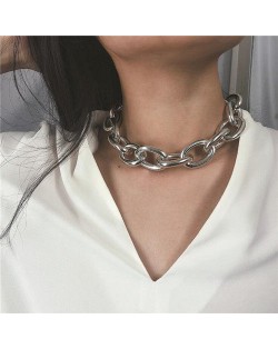 Chunky Chain Bold Fashion Choker Necklace and Bracelet 2 pcs Set - Silver