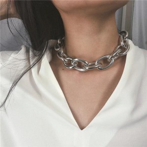 Chunky Chain Bold Fashion Choker Necklace and Bracelet 2 pcs Set - Silver