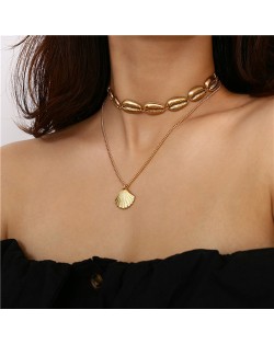 Coconut Tree and Seashell Combo Design Triple Layer Women Costume Necklace - Golden