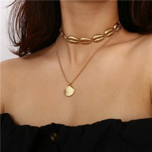 Coconut Tree and Seashell Combo Design Triple Layer Women Costume Necklace - Golden
