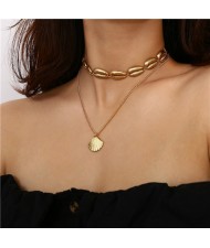 Coconut Tree and Seashell Combo Design Triple Layer Women Costume Necklace - Golden