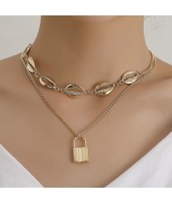 Coconut Tree and Seashell Combo Design Triple Layer Women Costume Necklace - Golden