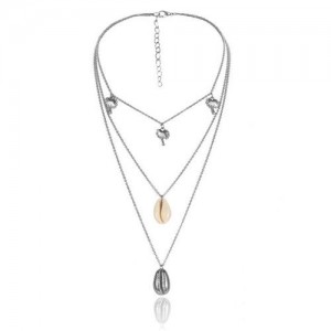 Coconut Tree and Seashell Combo Design Triple Layer Women Costume Necklace - Silver