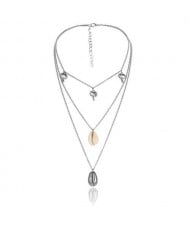 Coconut Tree and Seashell Combo Design Triple Layer Women Costume Necklace - Silver