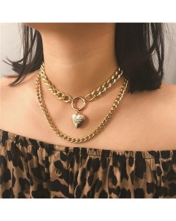 Creative Openable Heart Pendant Dual Layers Chunky Chain Short Costume Necklace - Golden