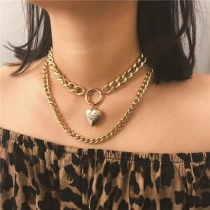 Creative Openable Heart Pendant Dual Layers Chunky Chain Short Costume Necklace - Golden