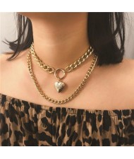 Creative Openable Heart Pendant Dual Layers Chunky Chain Short Costume Necklace - Golden
